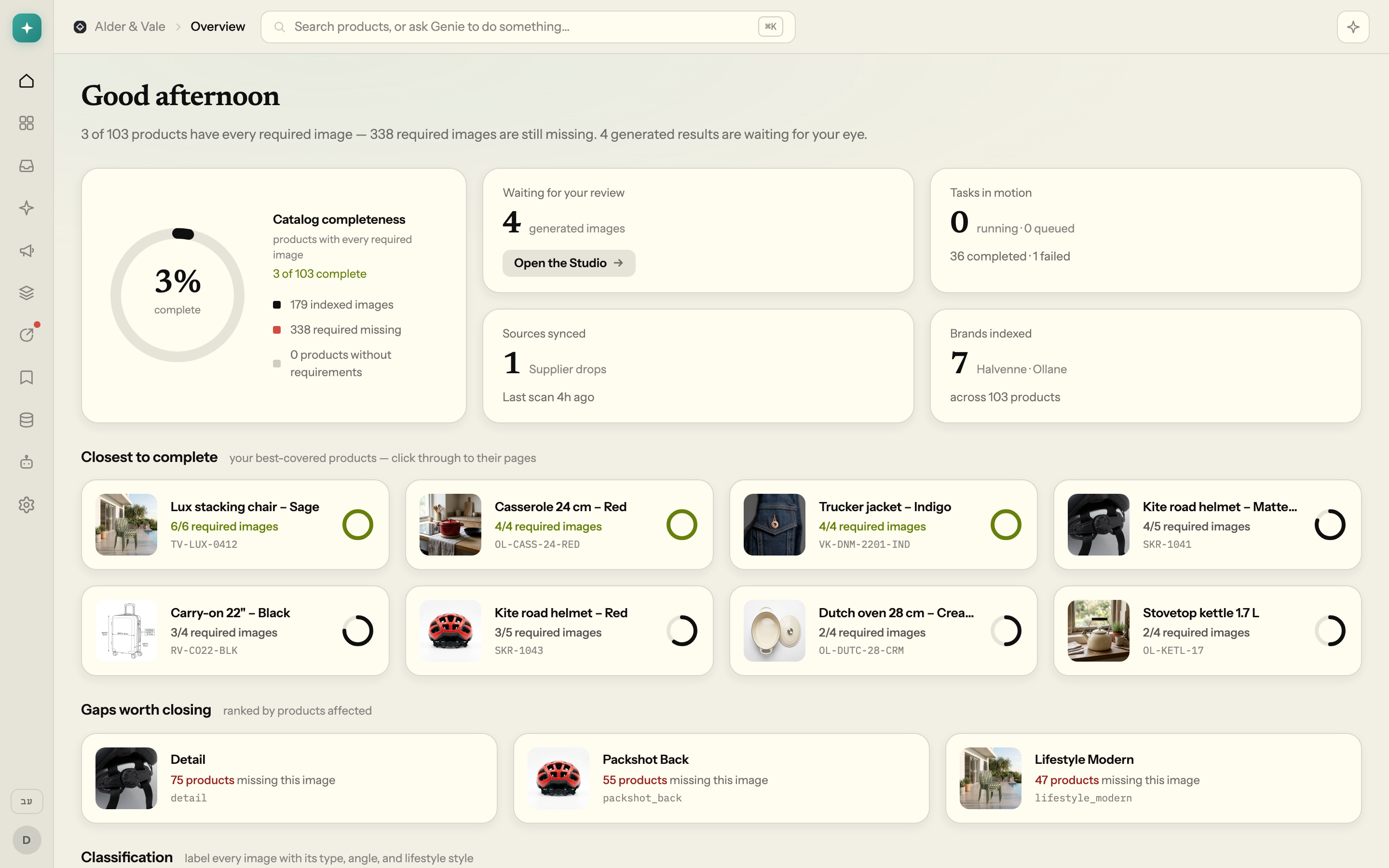Overview: catalog completeness ring at 3%, 338 required images missing