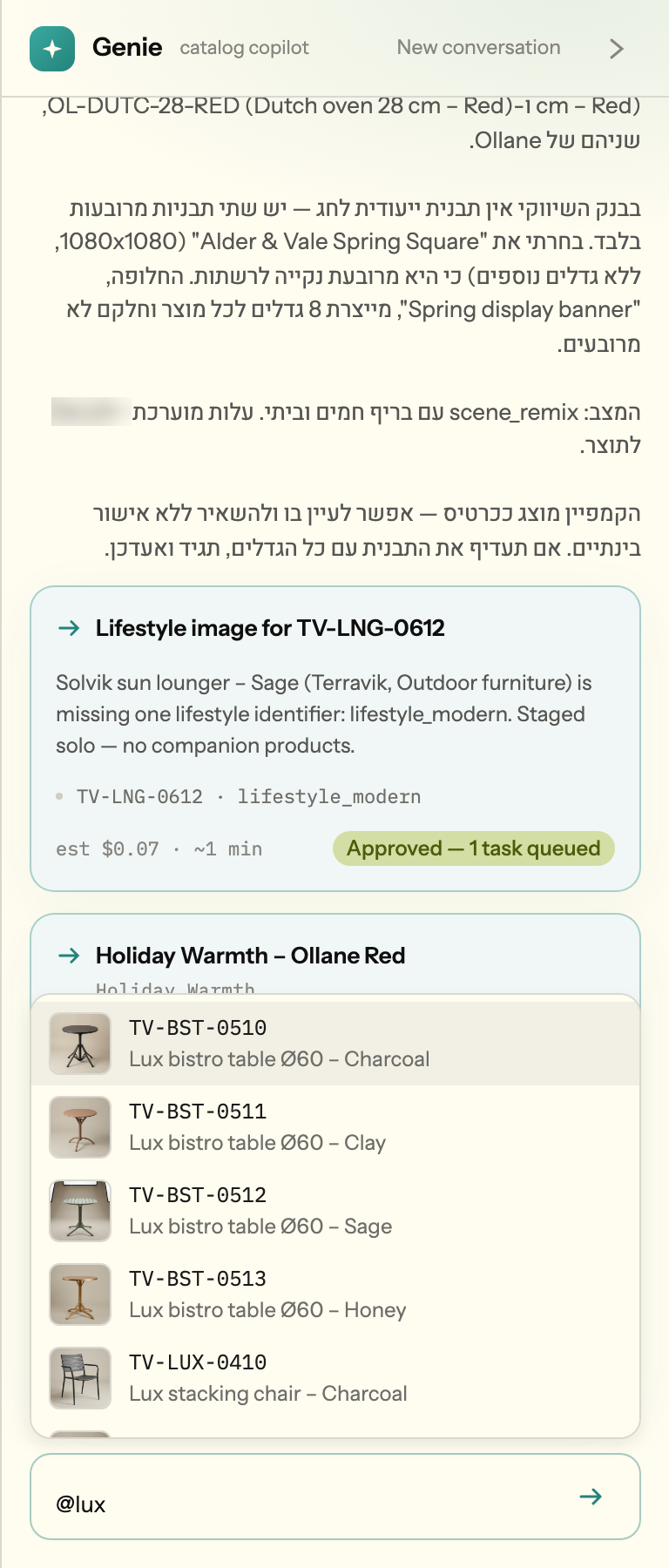 Genie drawer in English: @-mention typeahead listing catalog SKUs while composing